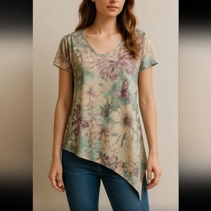 Vintage Floral Butterfly Asymmetrical Hem Tee Boho Purple  Fairycore Top XL